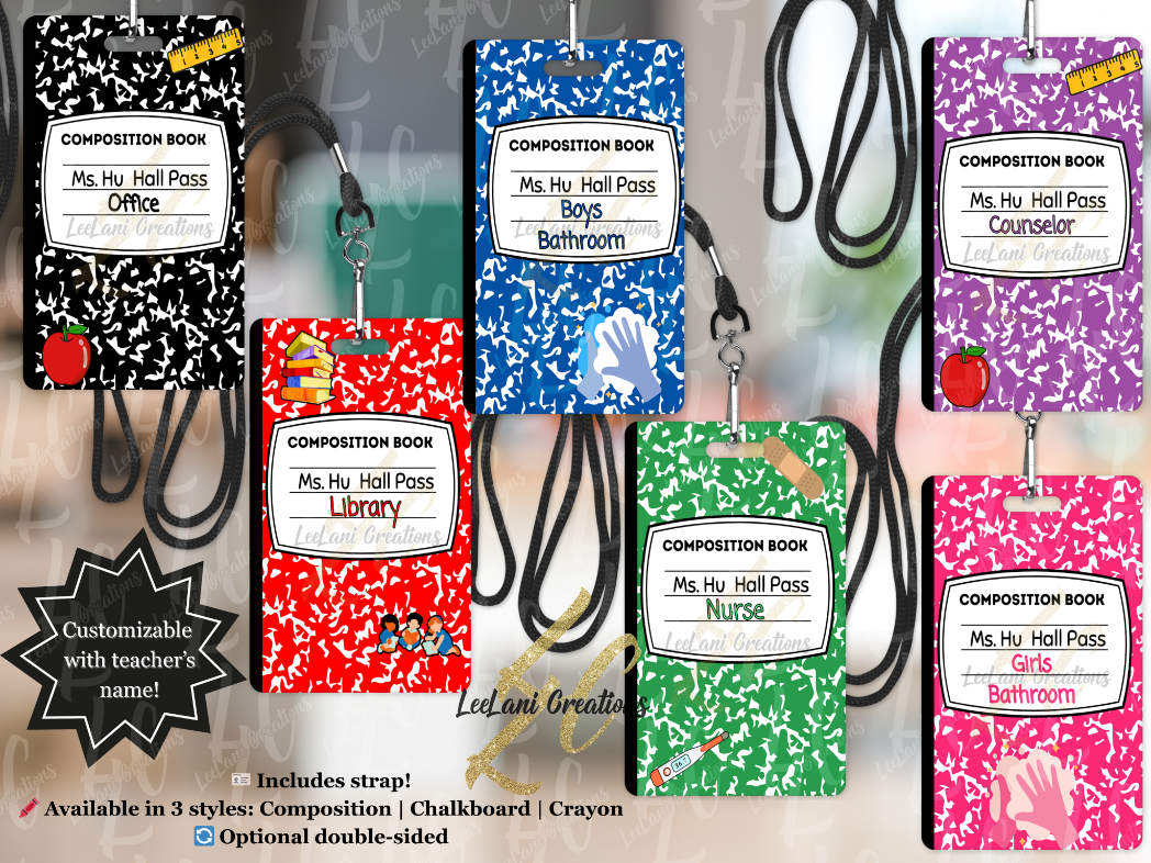 Custom MDF Hall Passes for Teachers – Composition Notebook Design – Personalized Classroom Set of 6 with Strap – Chalkboard or Crayon Option