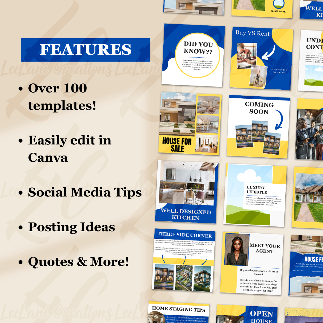 115 Real Estate Agent Instagram Templates + Bonus Social Media Mastery Guide |Instagram Templates | Real Estate Templates| Blue and Yellow