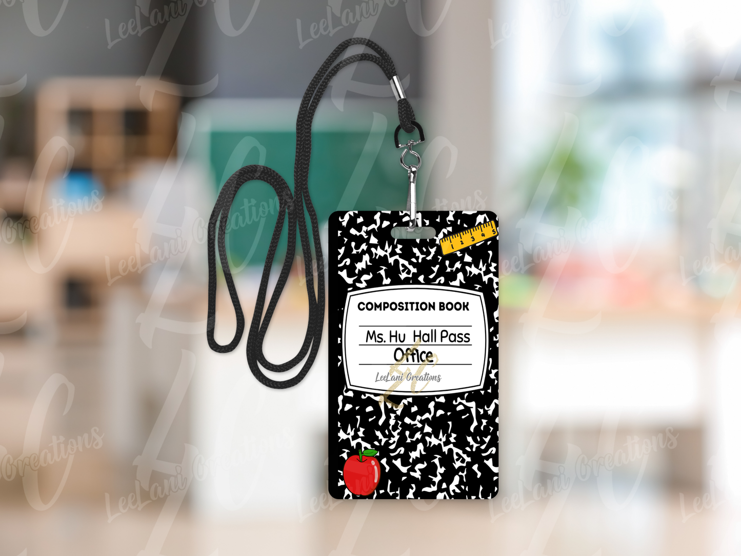 Custom MDF Hall Passes for Teachers – Composition Notebook Design – Personalized Classroom Set of 6 with Strap – Chalkboard or Crayon Option