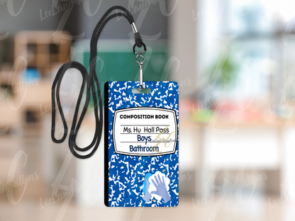 Custom MDF Hall Passes for Teachers – Composition Notebook Design – Personalized Classroom Set of 6 with Strap – Chalkboard or Crayon Option