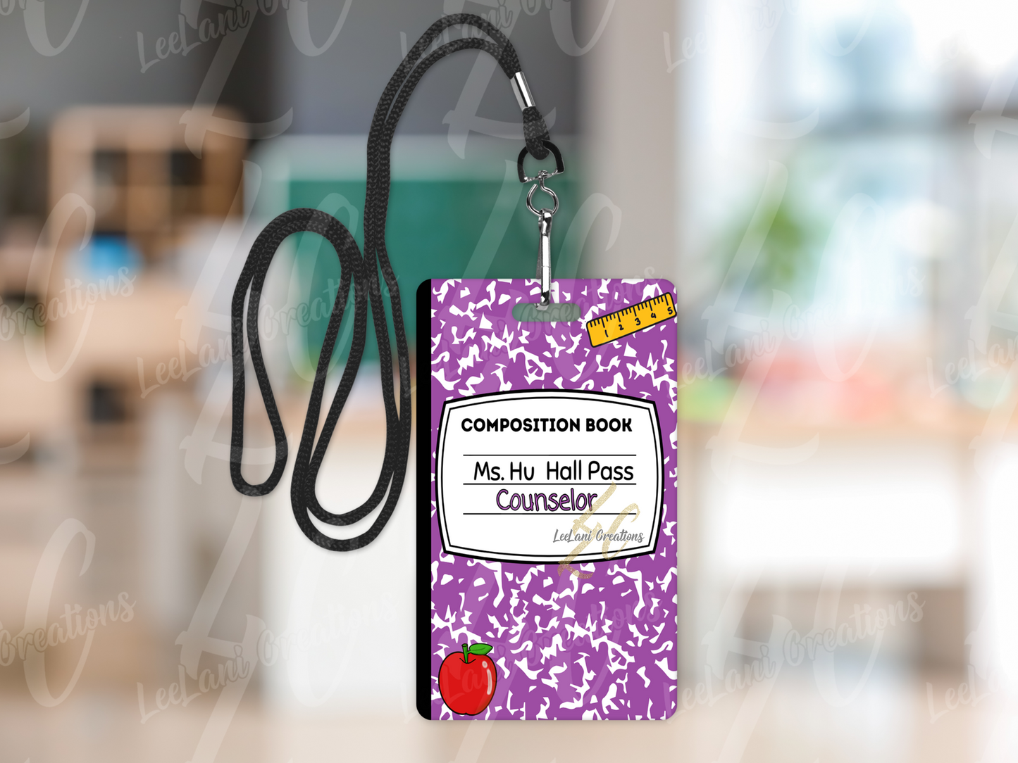 Custom MDF Hall Passes for Teachers – Composition Notebook Design – Personalized Classroom Set of 6 with Strap – Chalkboard or Crayon Option