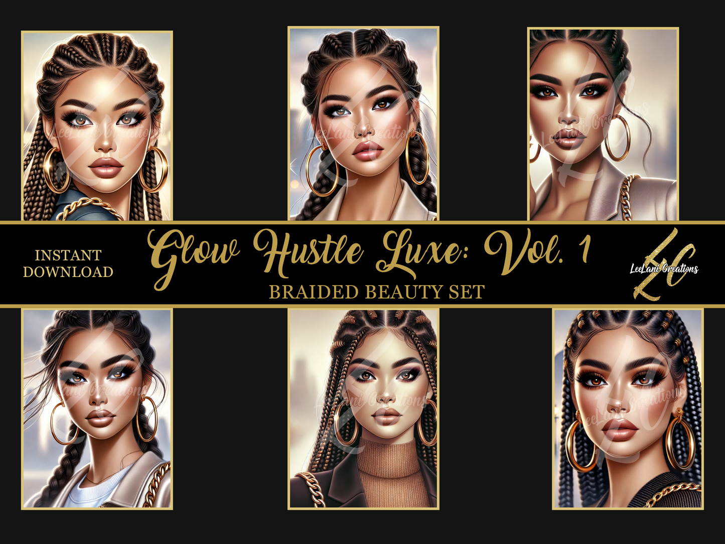 Glow Hustle Luxe Vol. 1 – Braided Beauty Clipart Bundle | Glam Digital Fashion Dolls