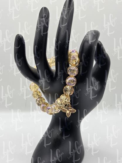 Golden Energy Spiritual Bracelet | Handmade Crackled Glass Beads with Flower Charm