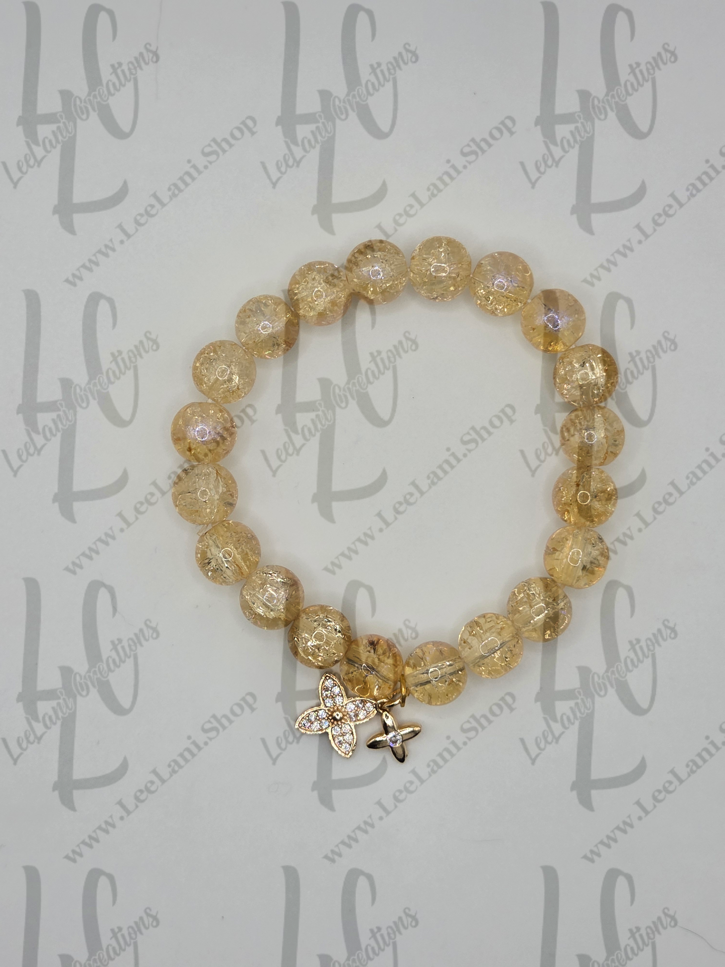 Golden Energy Spiritual Bracelet | Handmade Crackled Glass Beads with Flower Charm