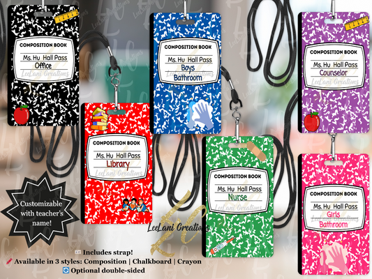 Custom MDF Hall Passes for Teachers – Composition Notebook Design – Personalized Classroom Set of 6 with Strap – Chalkboard or Crayon Option