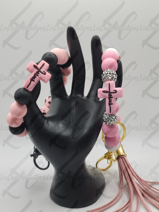 Chic Pink Jesus Silicone Bead Keychain Bracelet – Stylish & Functional Accessory