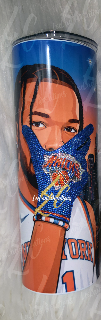 LeeLaniCreations Hand-blinged Jalen Brunson 20oz Knicks tumbler with precision hand-placed micro rhinestones on the celebration glove.