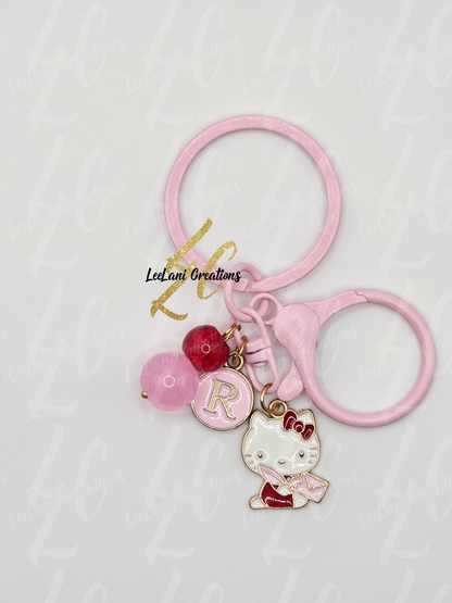 Custom Initial Keychain – Pink Hello Kitty Style Charm | Beaded Kawaii Bag Clip | Personalized Gift for Girls & Teens