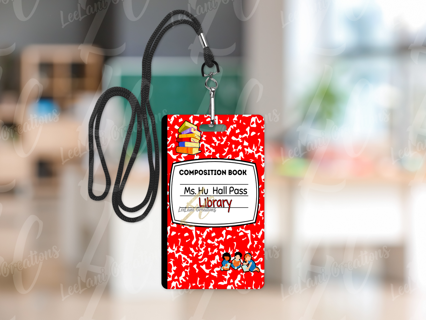 Custom MDF Hall Passes for Teachers – Composition Notebook Design – Personalized Classroom Set of 6 with Strap – Chalkboard or Crayon Option