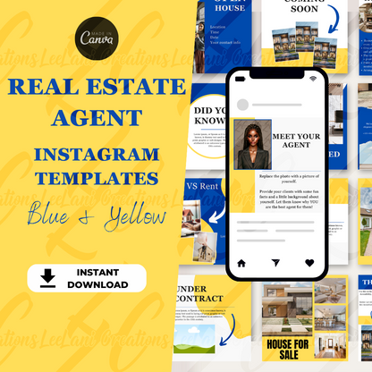115 Real Estate Agent Instagram Templates + Bonus Social Media Mastery Guide |Instagram Templates | Real Estate Templates| Blue and Yellow