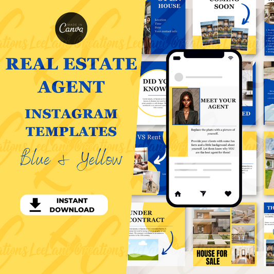 115 Real Estate Agent Instagram Templates + Bonus Social Media Mastery Guide |Instagram Templates | Real Estate Templates| Blue and Yellow