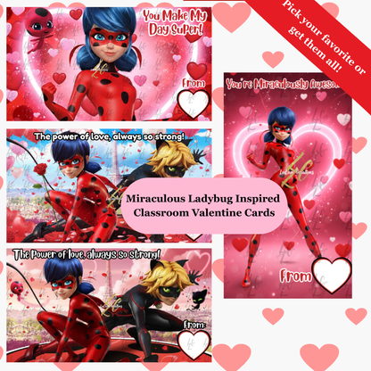 Miraculous Ladybug Inspired Valentine’s Day Cards | Kids Classroom Valentines | Personalized or Blank |