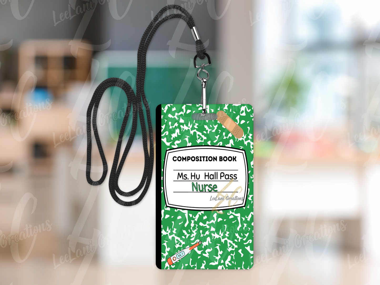 Custom MDF Hall Passes for Teachers – Composition Notebook Design – Personalized Classroom Set of 6 with Strap – Chalkboard or Crayon Option