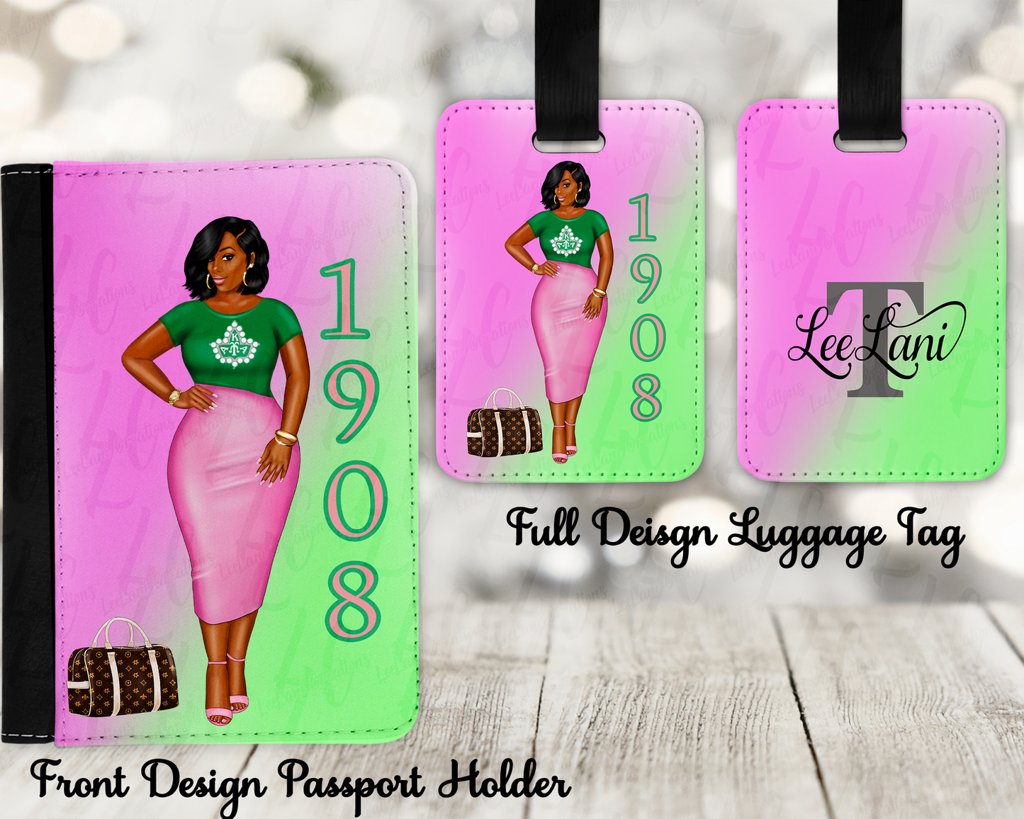 Pink & Green Personalized Passport Holder & Luggage Tag Set | Custom Travel Set