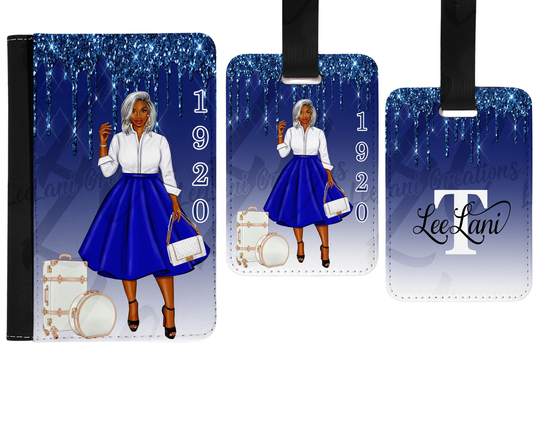 Blue & White Sorority Inspired Passport Holder & Luggage Tag Set | Personalized Travel Gift