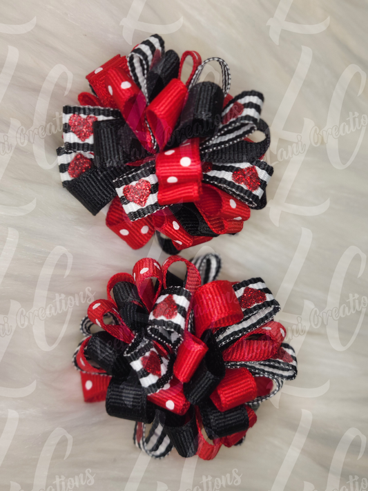Valentine's Day Boutique Hair Bows – Red, Black & White Polka Dot Ribbon Bow Set