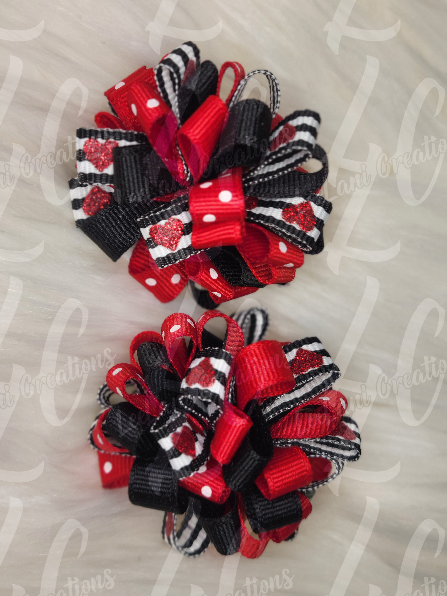 Valentine's Day Boutique Hair Bows – Red, Black & White Polka Dot Ribbon Bow Set