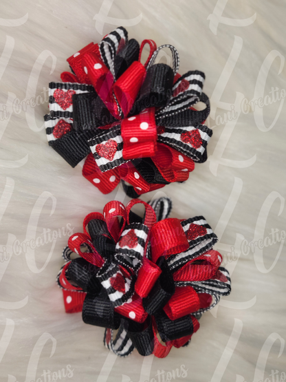 Valentine's Day Boutique Hair Bows – Red, Black & White Polka Dot Ribbon Bow Set
