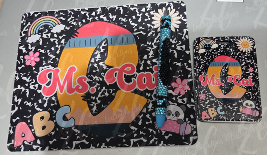 Personalized Teacher Desk Gift Set | Custom Mouse Pad, Badge Holder & Rhinestone Pen