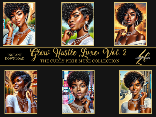 Glow Hustle Luxe Vol. 2: The Curly Pixie Muse Collection | 12 High-Res PNG Digital Dolls for Planners, Sublimation, and More