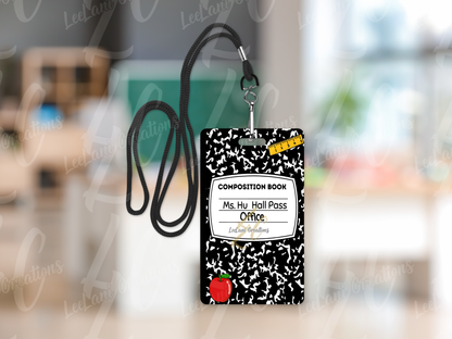 Custom MDF Hall Passes for Teachers – Composition Notebook Design – Personalized Classroom Set of 6 with Strap – Chalkboard or Crayon Option