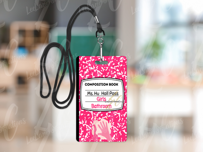 Custom MDF Hall Passes for Teachers – Composition Notebook Design – Personalized Classroom Set of 6 with Strap – Chalkboard or Crayon Option