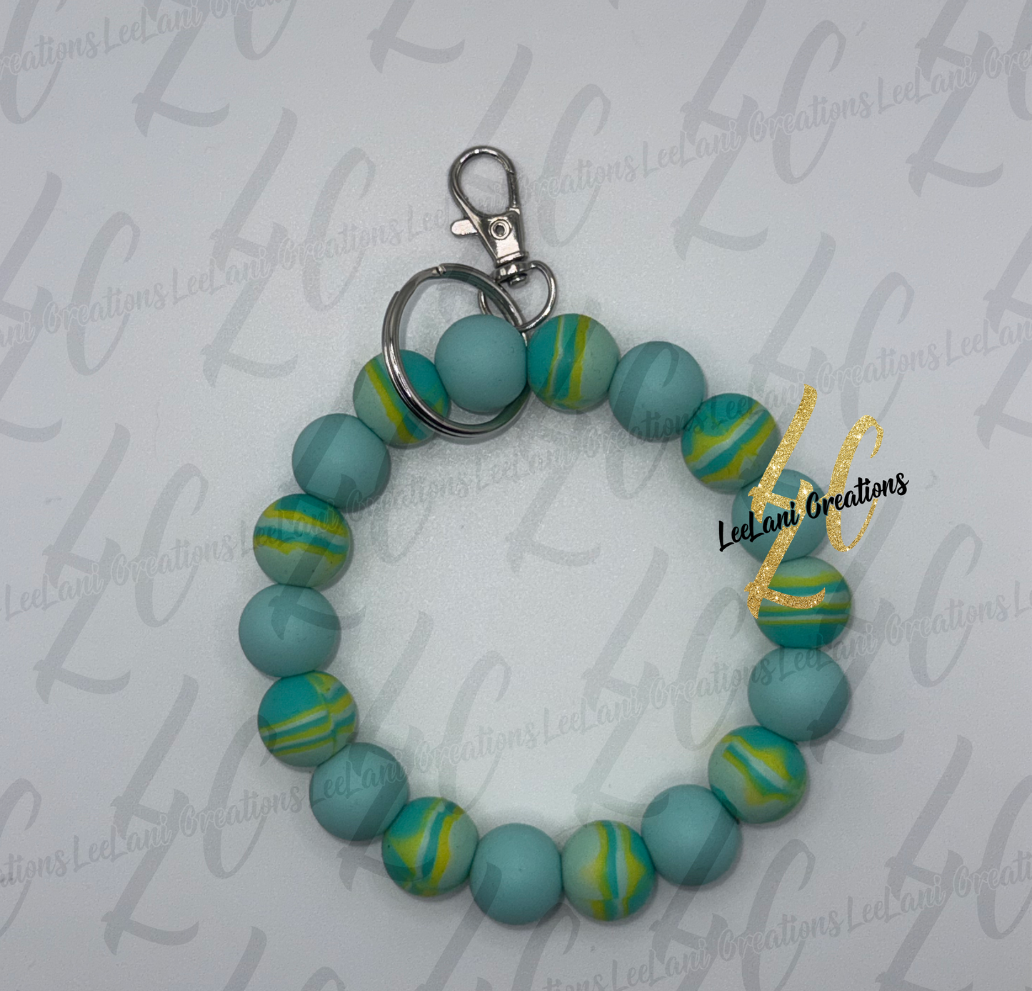 Teal & Yellow Marbled Beaded Wristlet Keychain | Silicone Bead Key Ring — Set of 2 Styles