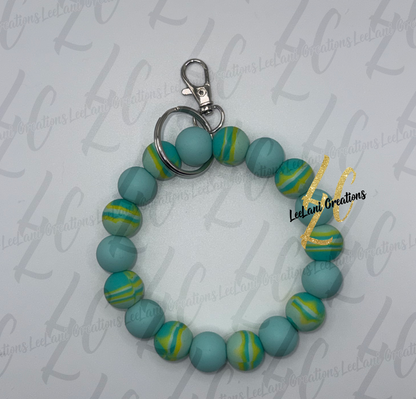 Teal & Yellow Marbled Beaded Wristlet Keychain | Silicone Bead Key Ring — Set of 2 Styles