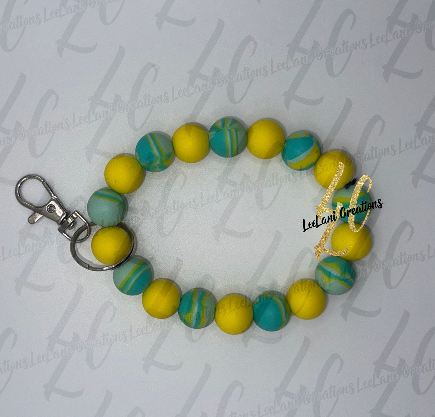 Teal & Yellow Marbled Beaded Wristlet Keychain | Silicone Bead Key Ring — Set of 2 Styles
