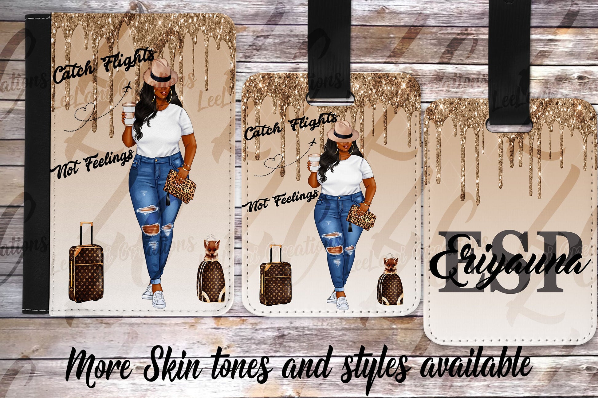 Personalized Catch Flights Not Feelings passport holder and luggage tag featuring customizable character artwork and custom name personalization.