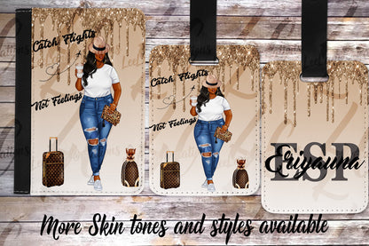 Personalized Catch Flights Not Feelings passport holder and luggage tag featuring customizable character artwork and custom name personalization.