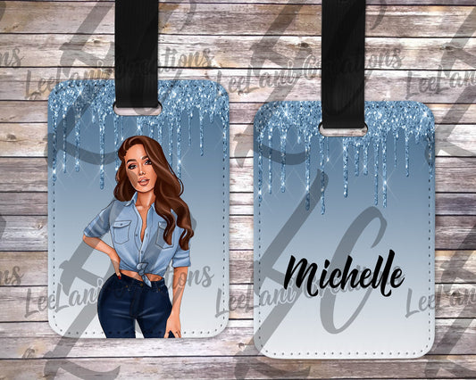 Cute Girl Denim Luggage tag w/initial and Name| Country Girl Custom Luggage Tag | Cute Luggage Tag| Sublimation Luggage Tag